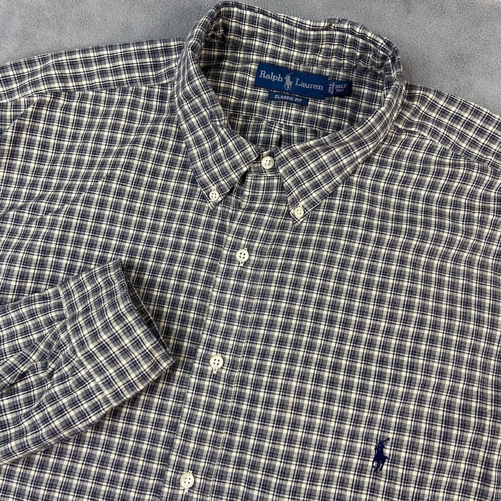 Ralph Lauren‎ Shirt Mens 3XLT Gray Plaid Check Classic Button Long Sleeve Preppy